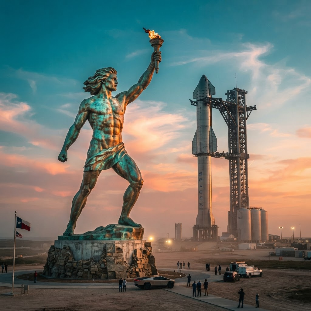 A 50-foot bronze statue of Prometheus holding a flame, standing beside a SpaceX Starship at Starbase, Texas, under a cyan sky