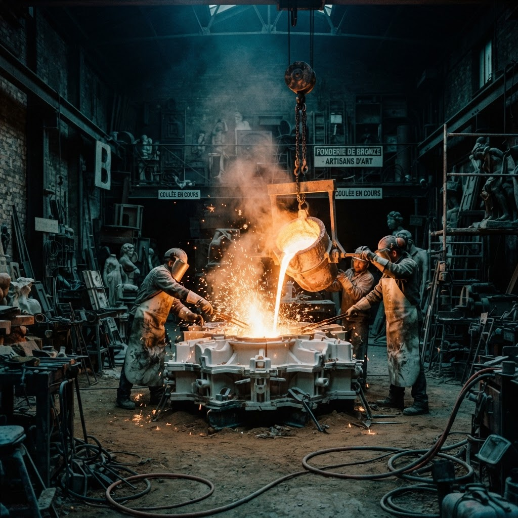 Molten bronze being poured in a Paris foundry to cast the monumental Prometheus statue