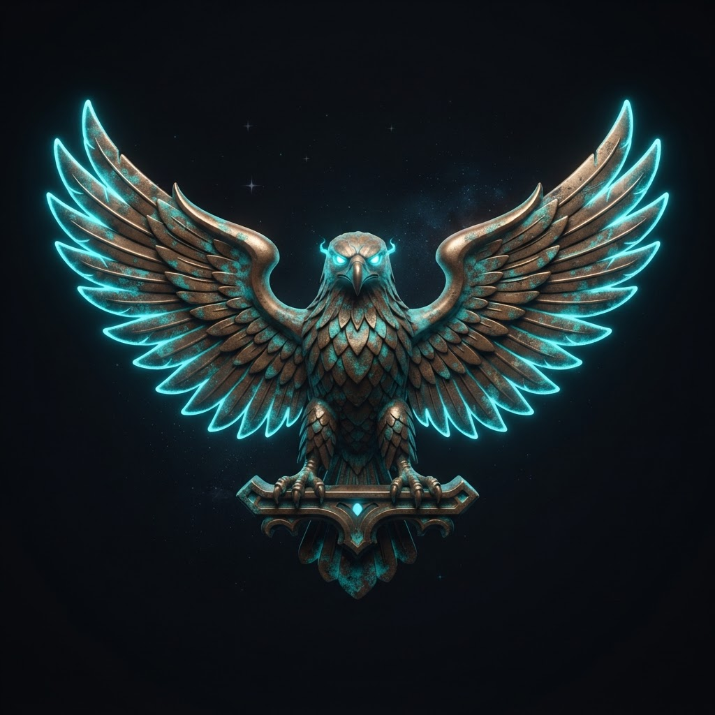 The QomX eagle, a bronze heraldic eagle with glowing cyan wings